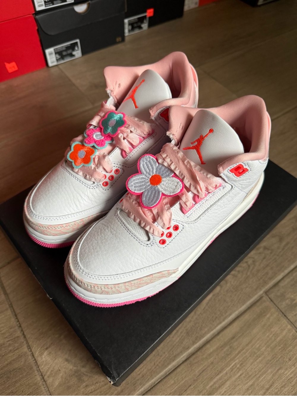 Jordan 3 White & Pink Floral Lace-Up Sneakers GS